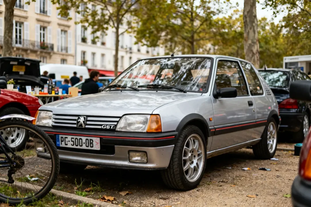 Peugeot 205 GTI automatic grise garée dans une rue bordée d'arbres en automne