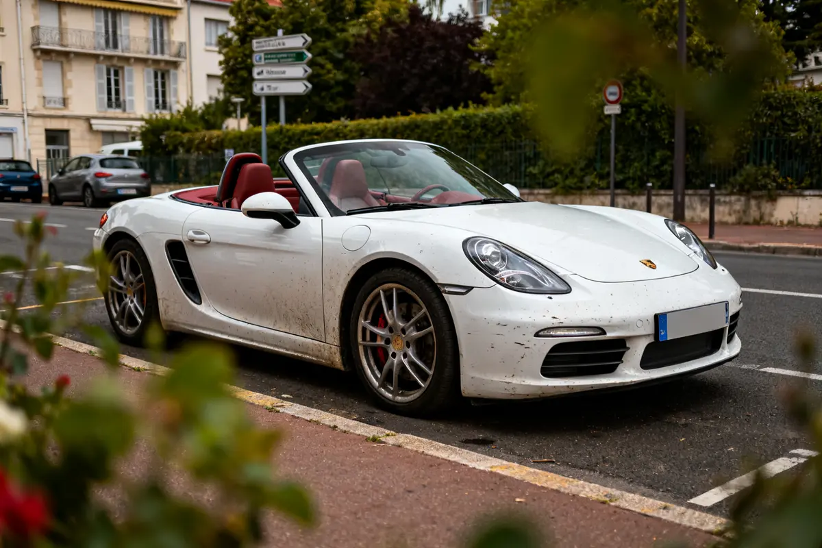 Voiture Porsche Boxster blanche avec intérieur rouge garée sur une rue urbaine