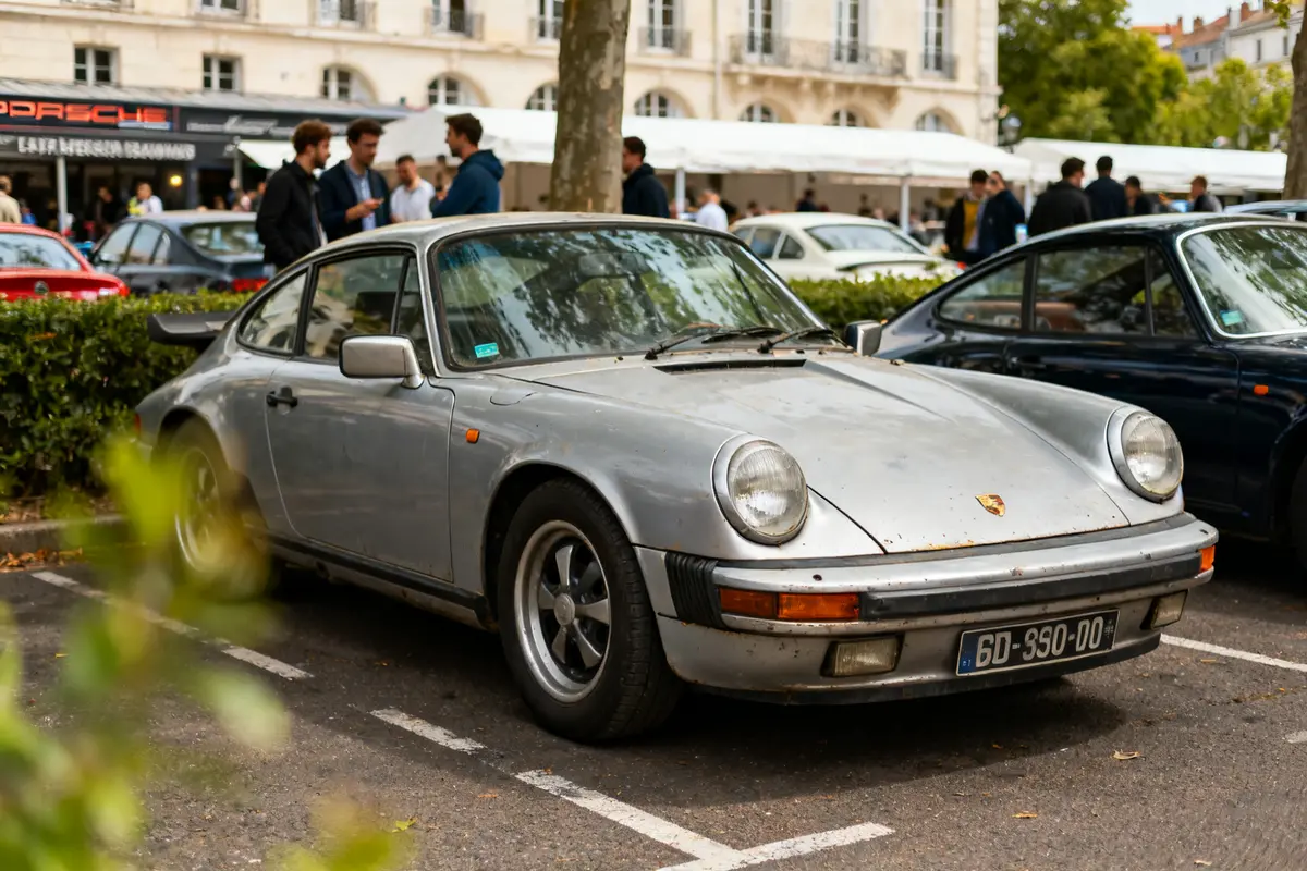Porsche ancienne grise garée à un rassemblement de voitures historiques en ville