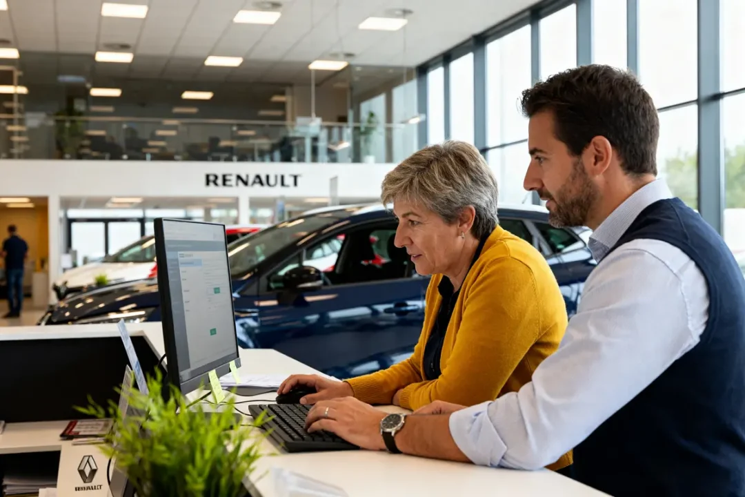 Deux personnes travaillent sur ordinateur chez Renault Fresnes dans une concession automobile moderne