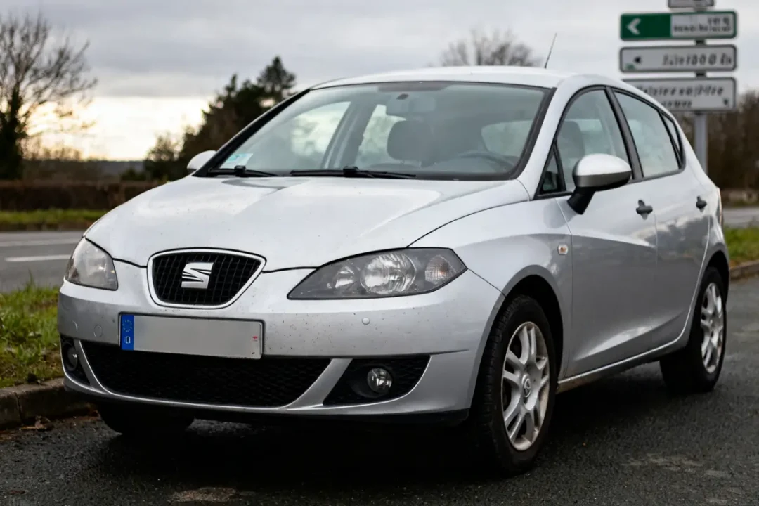 SEAT Ibiza 6L argentée garée en extérieur, vue de face côté route