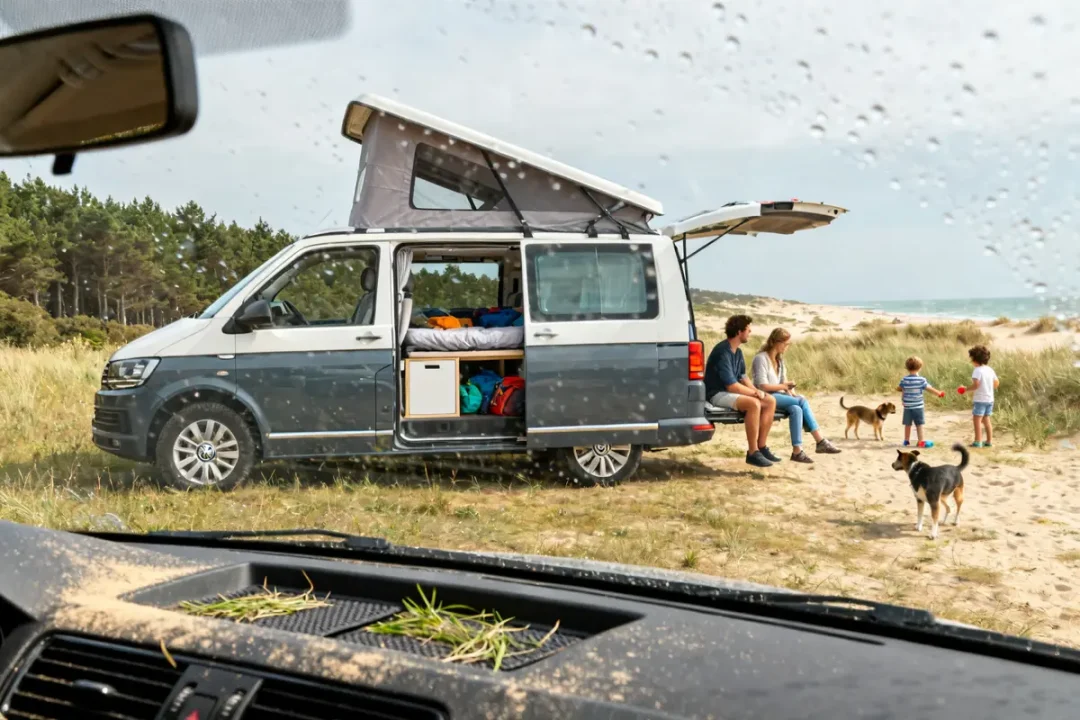 Famille profitant d'un moment à la plage avec le VW the california camping-car ouvert