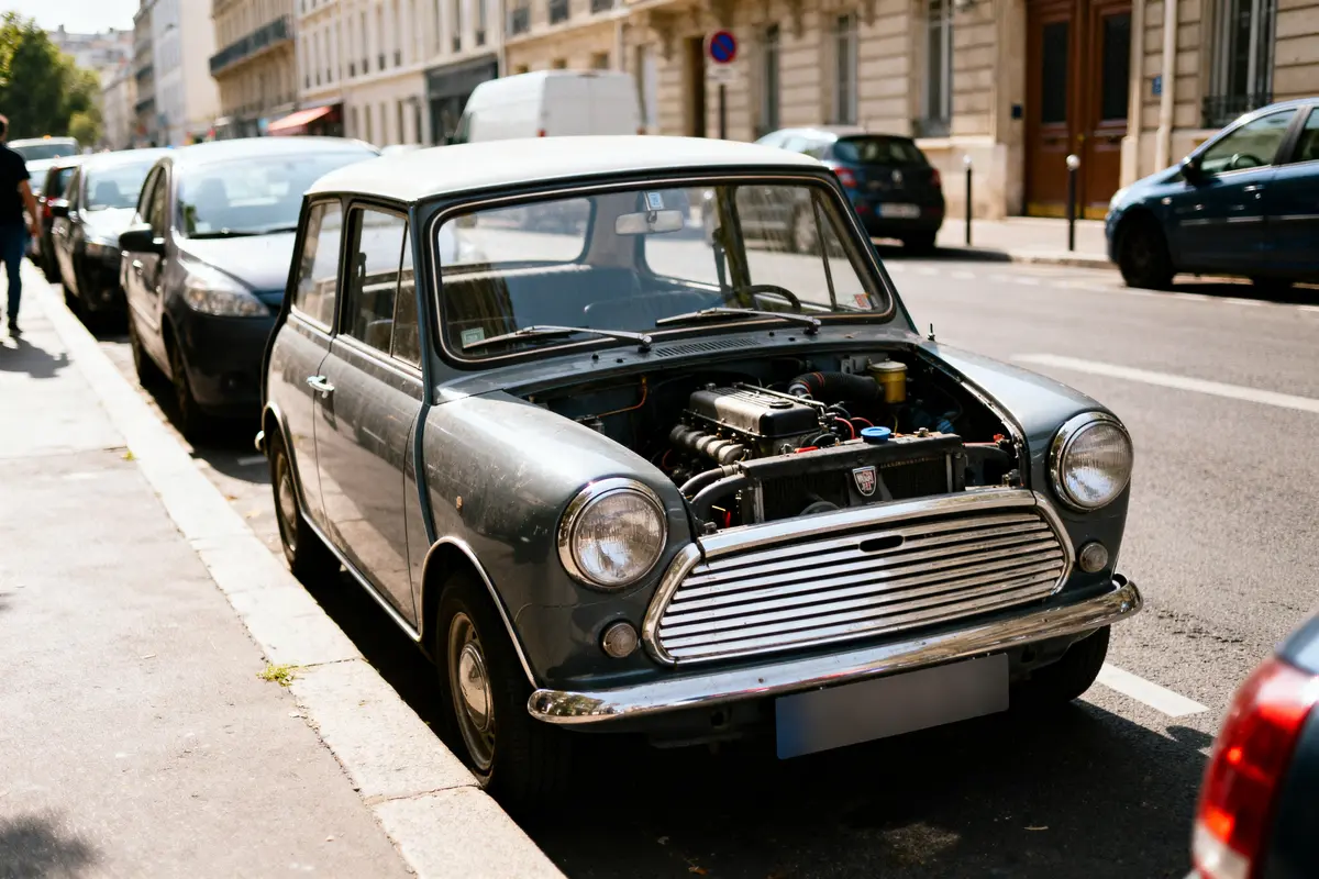 Austin Mini ancienne sans capot garée en ville, dévoilant son moteur rénové