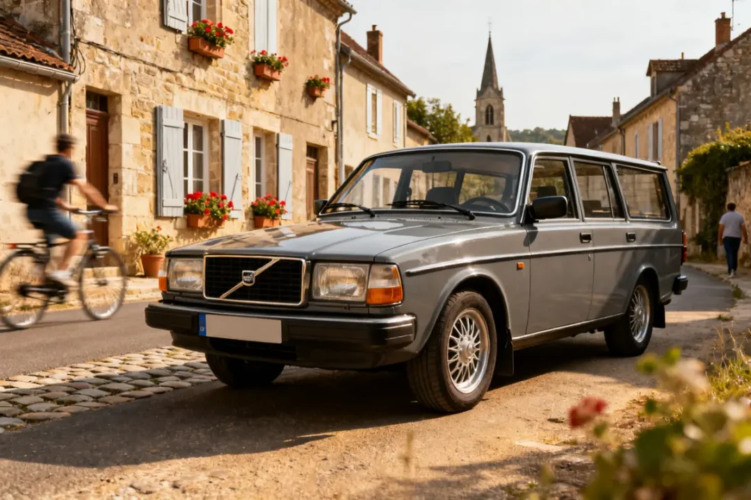 Voiture auto Volvo 240 garée dans une rue pittoresque avec cycliste en arrière-plan