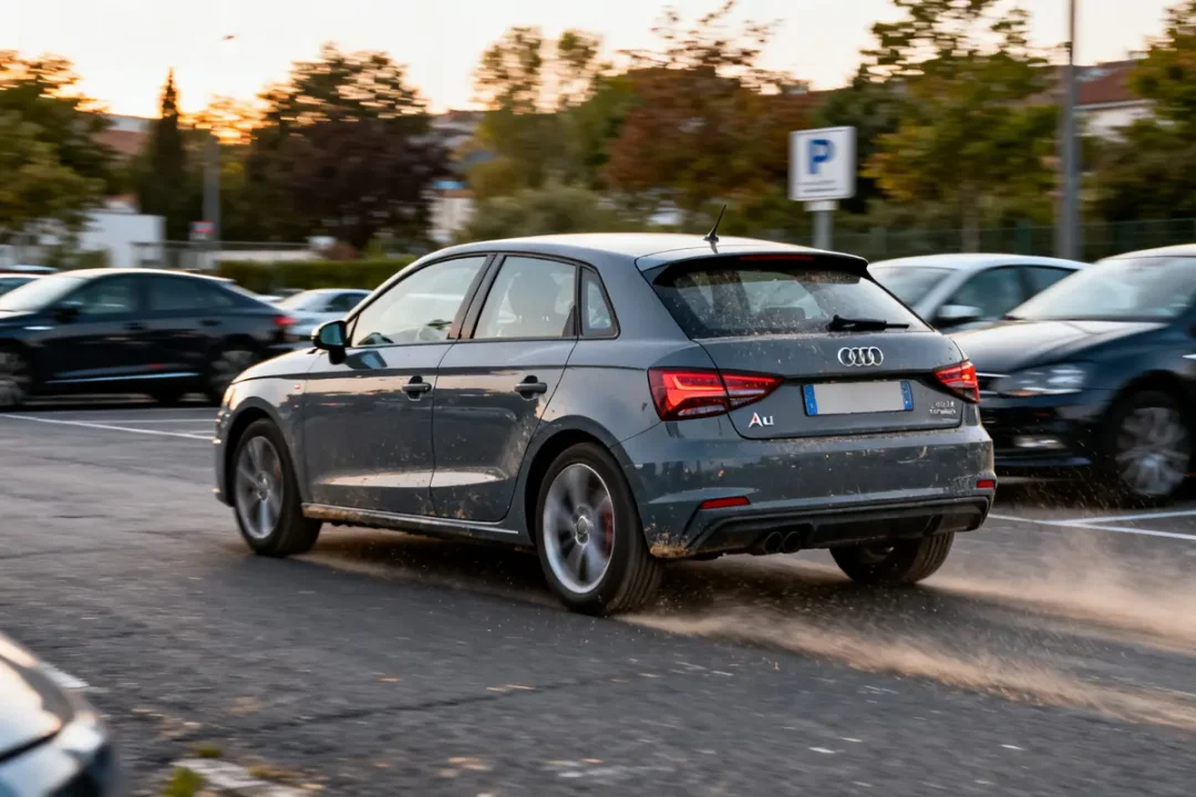 Automatic Audi A1 grise roulant rapidement dans un parking urbain au crépuscule