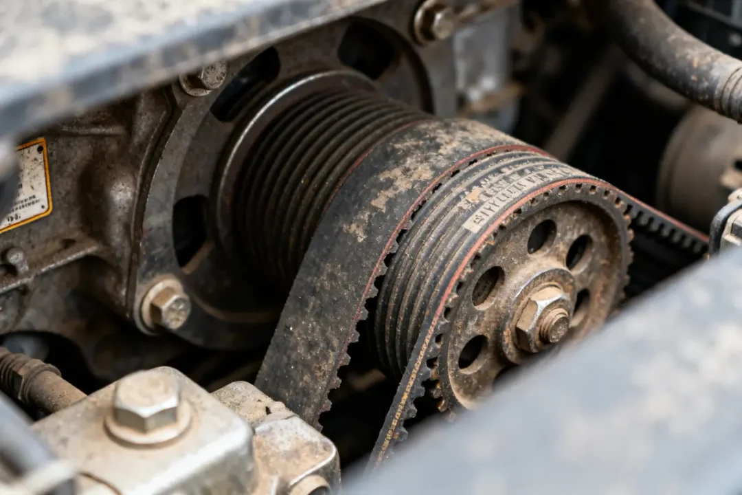 Vue rapprochée d'une courroie de distribution usée dans un moteur automobile en métal.