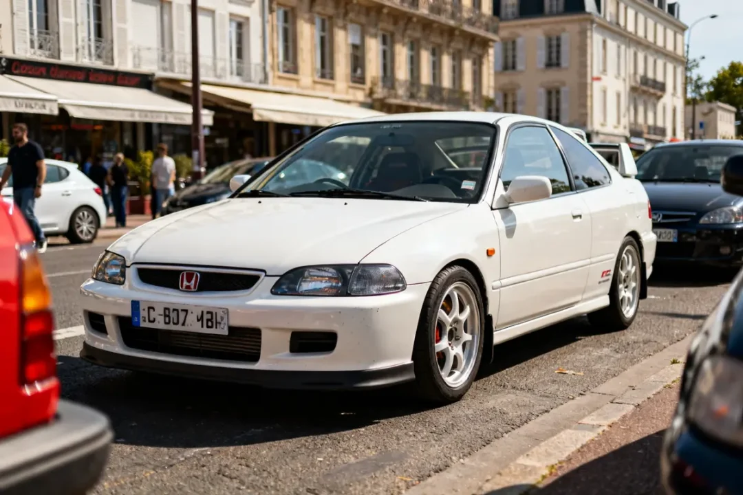 Voiture blanche ctr Honda garée dans une rue urbaine ensoleillée sans circulation