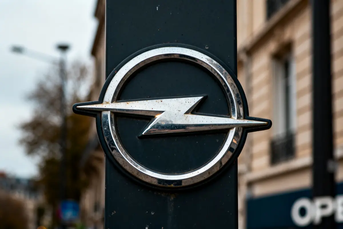 Logo Opel métallique sur fond de rue urbaine floue en arrière-plan