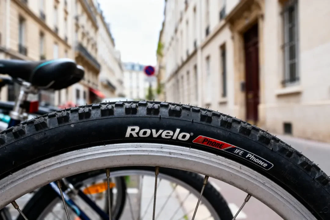 Pneu de vélo Rovelo en gros plan, urbain, rue étroite, bâtiments historiques en arrière-plan flou.