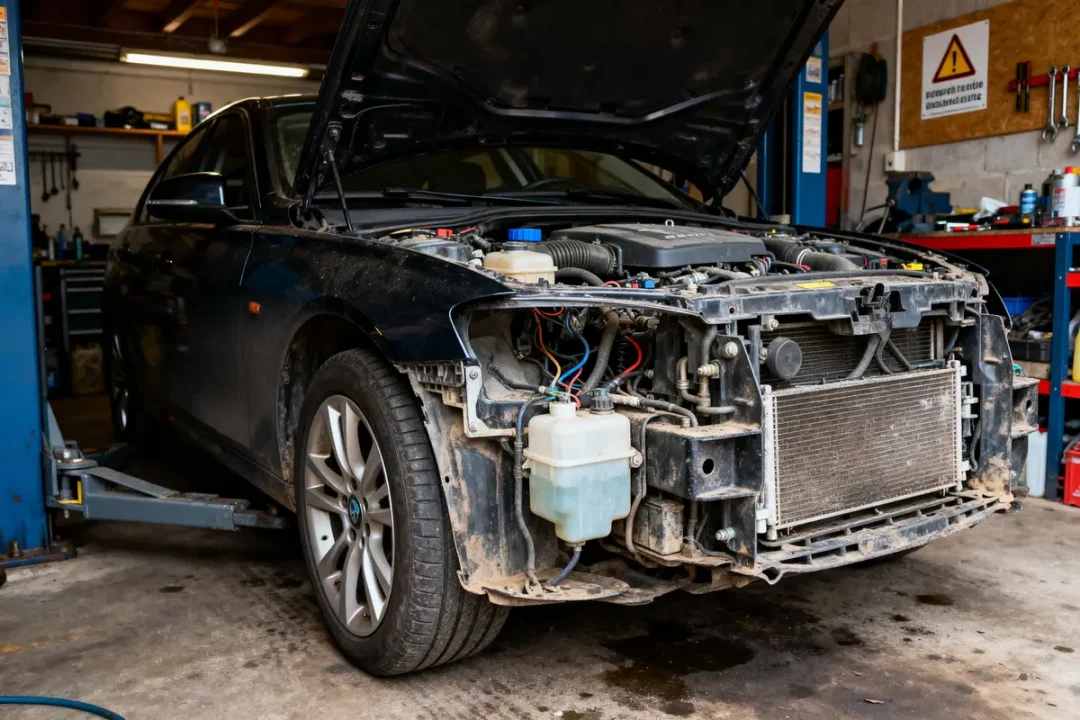 Voiture au garage, capot ouvert, face avant démontée pour réparation mécanique, composants visibles.