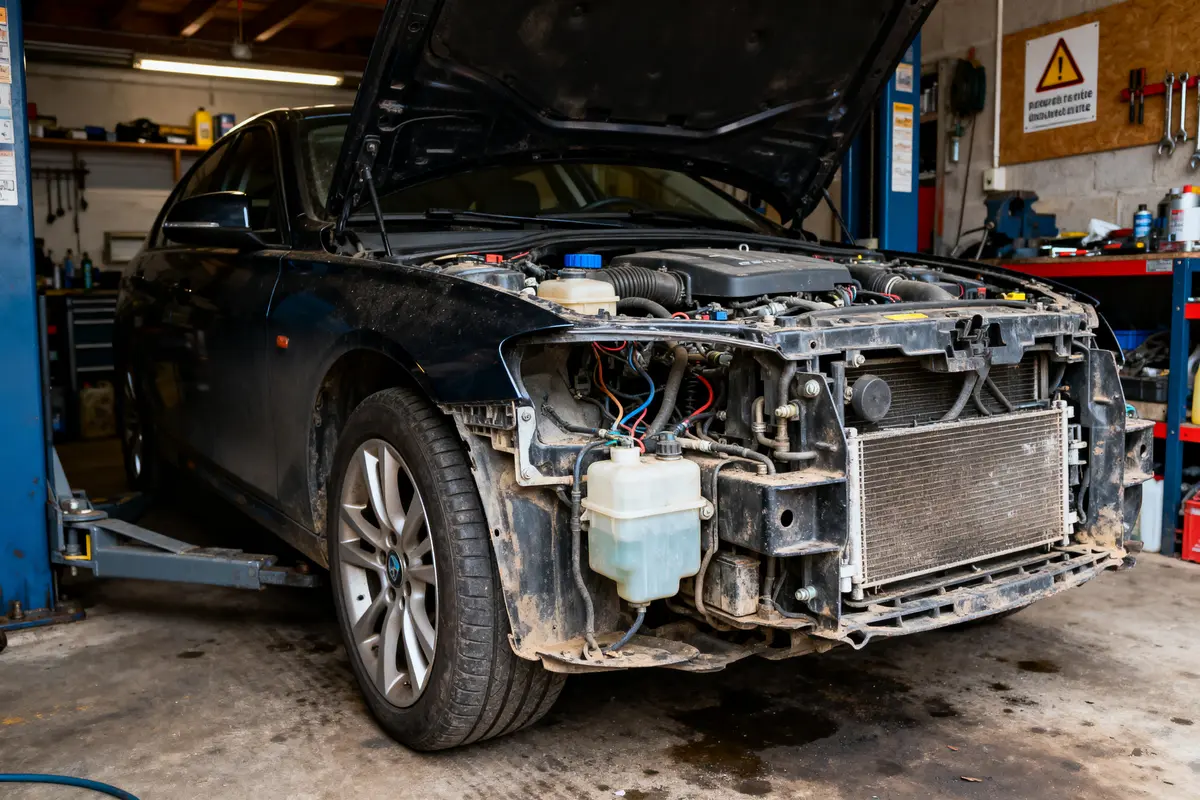 Voiture au garage, capot ouvert, face avant démontée pour réparation mécanique, composants visibles.