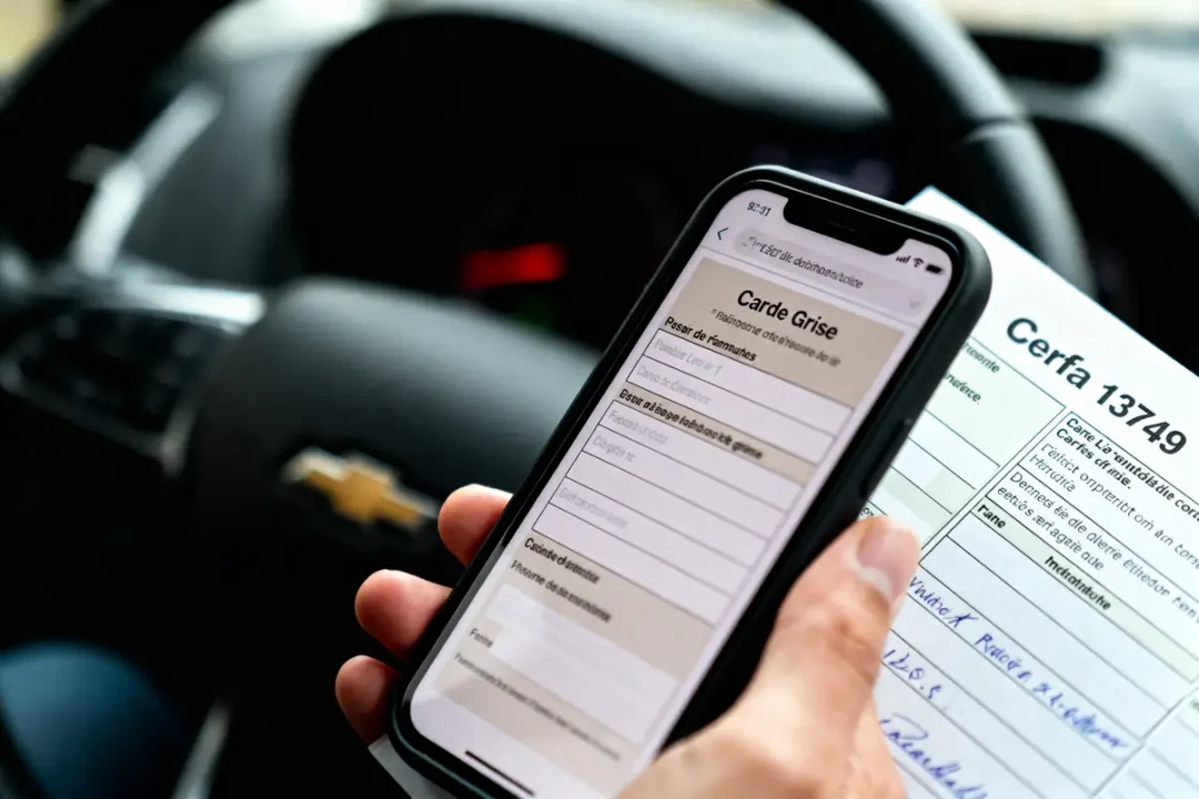 Une main tenant un smartphone affichant une carte grise numérique devant un volant de voiture.