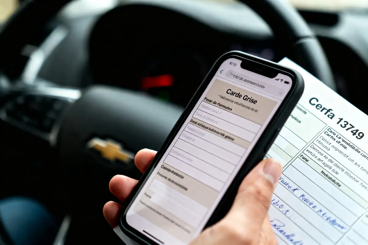 Une main tenant un smartphone affichant une carte grise numérique devant un volant de voiture.
