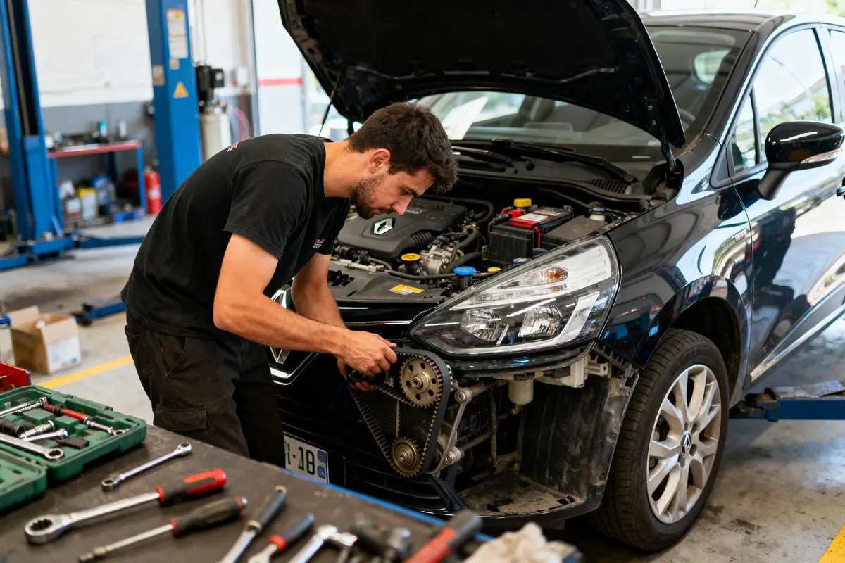 Mécanicien réparant une voiture Renault dans un garage, capot ouvert, outils visibles à l'avant-plan.