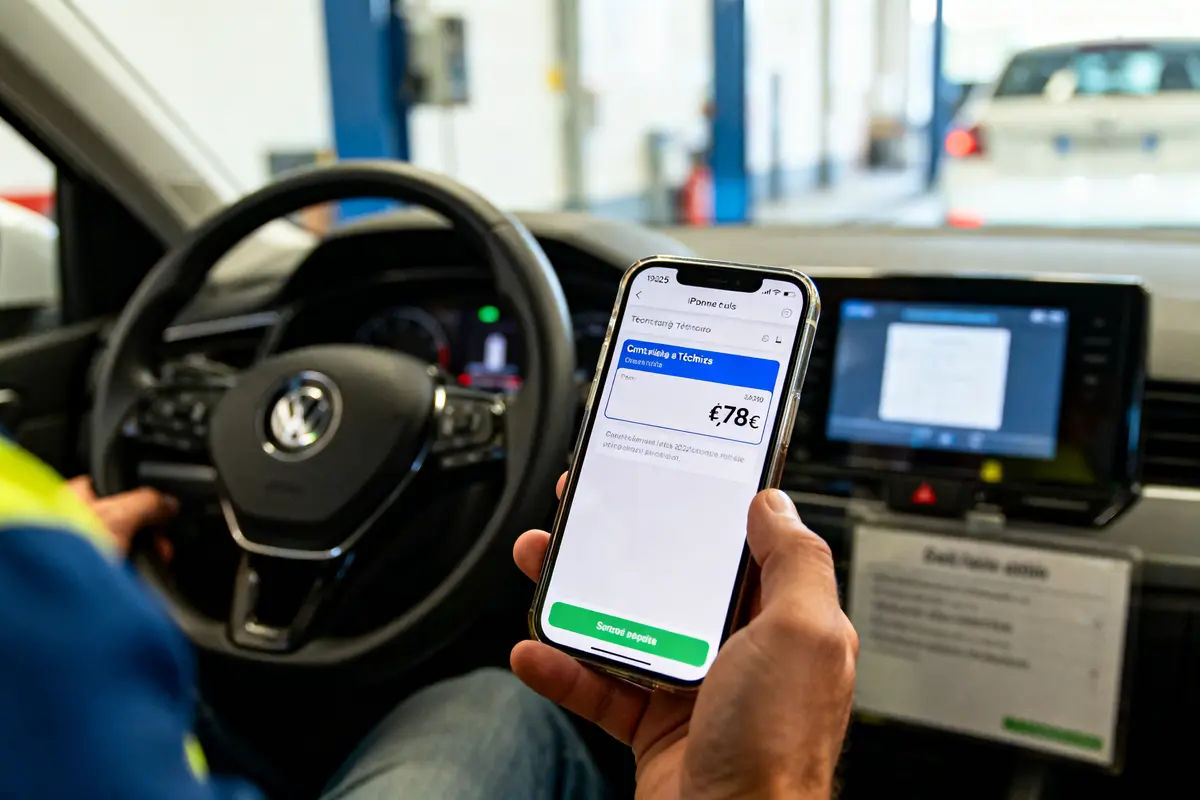 Personne dans voiture, regardant le montant d'un paiement sur son smartphone, intérieur Volkswagen.