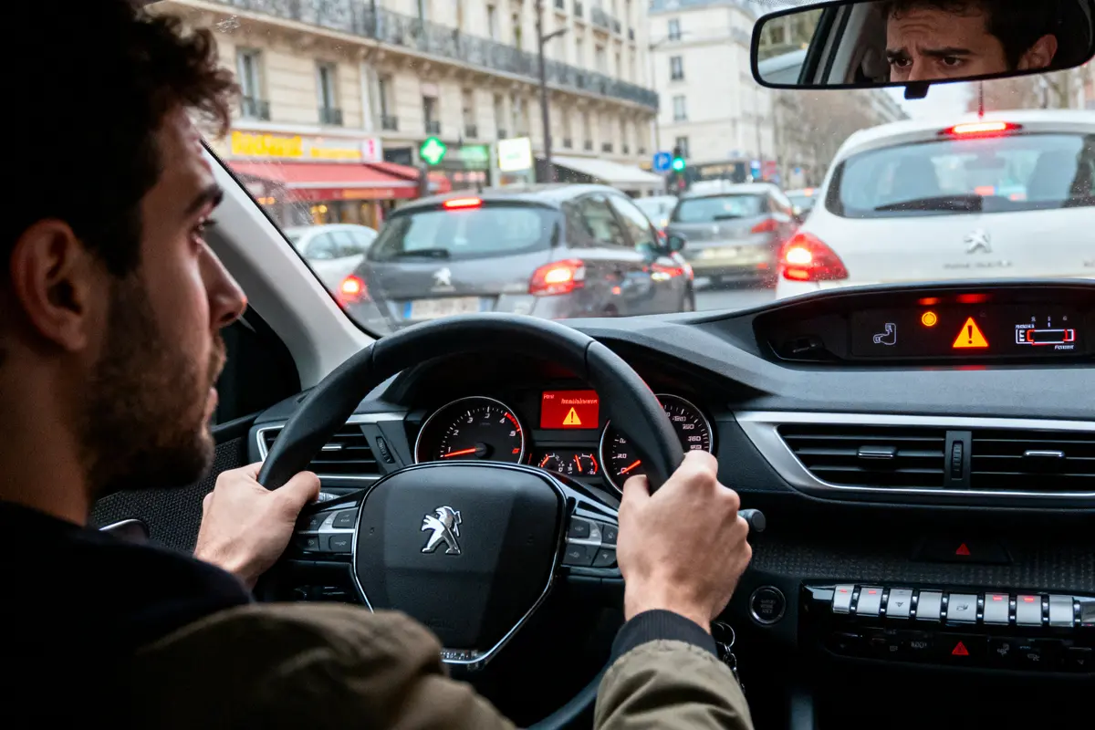 Conducteur dans embouteillage urbain, volant Peugeot, tableau de bord avec voyants lumineux allumés.