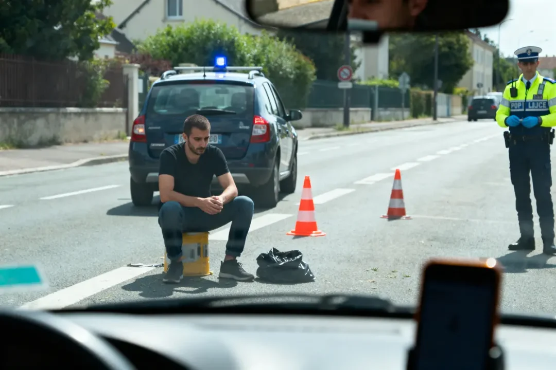 Homme assis sur la route, voiture de police, cônes, agent en uniforme, rue résidentielle en arrière-plan.