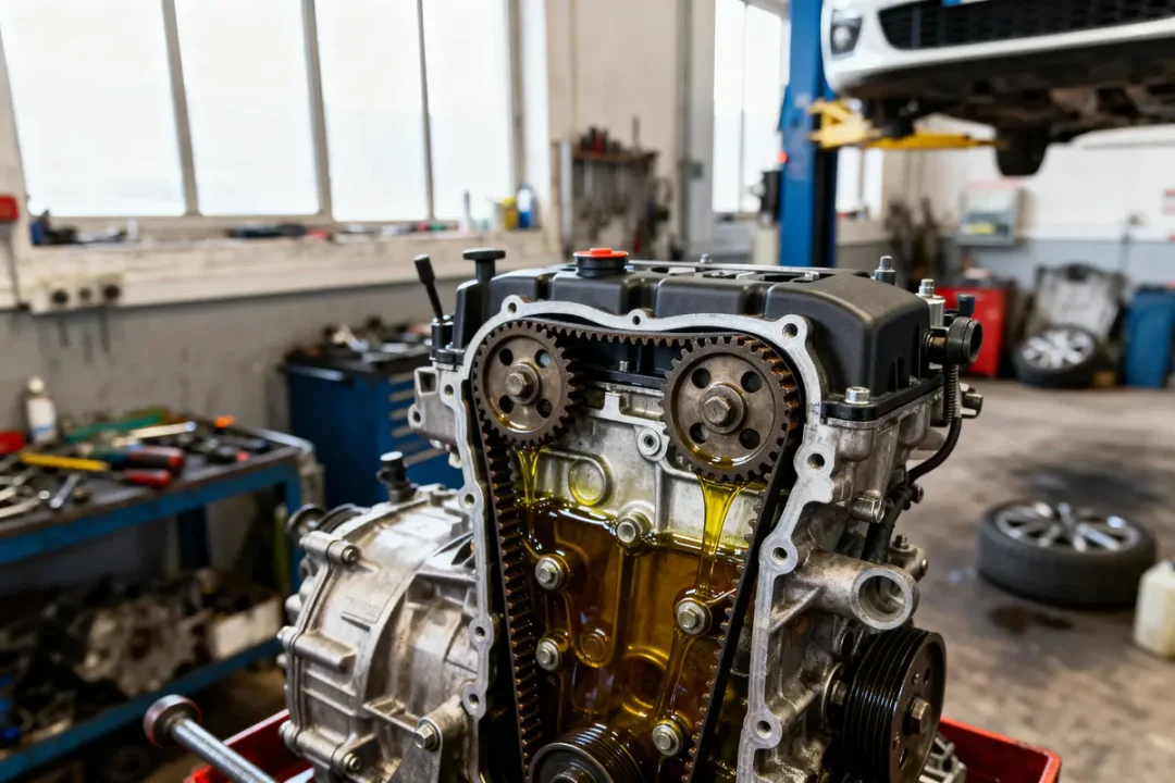 Moteur automobile en réparation dans un atelier mécanique, avec courroie et huile visible. Fond flou de garage.