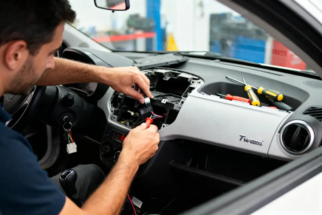 Homme réparant tableau de bord voiture avec outils, câblage visible dans l'habitacle d'une Twingo.