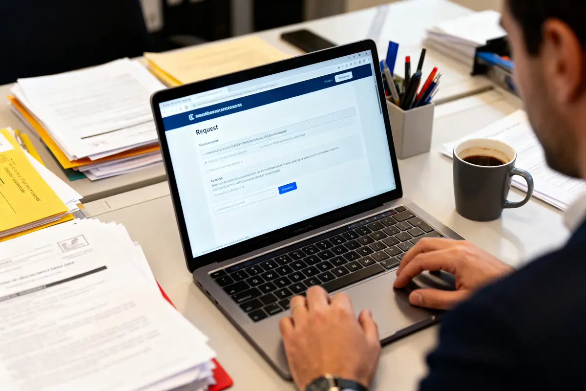 Une personne utilise un ordinateur portable sur un bureau avec documents et tasse de café.