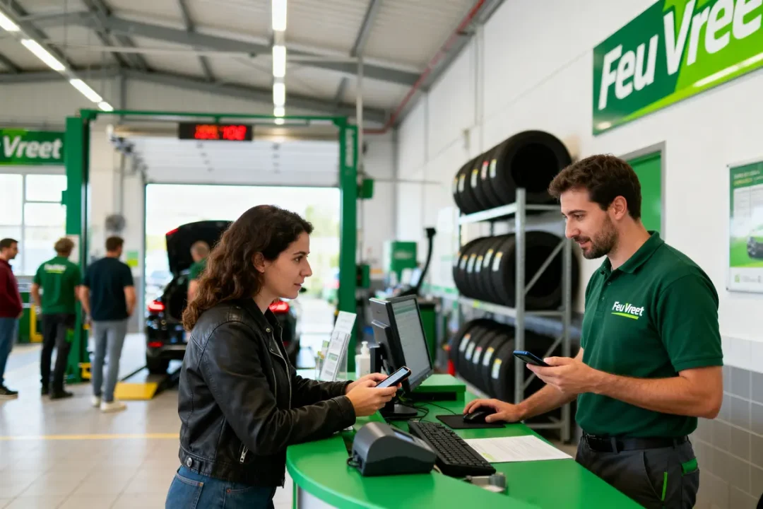 Deux personnes discutent au comptoir d'un centre automobile moderne, pneus en arrière-plan.