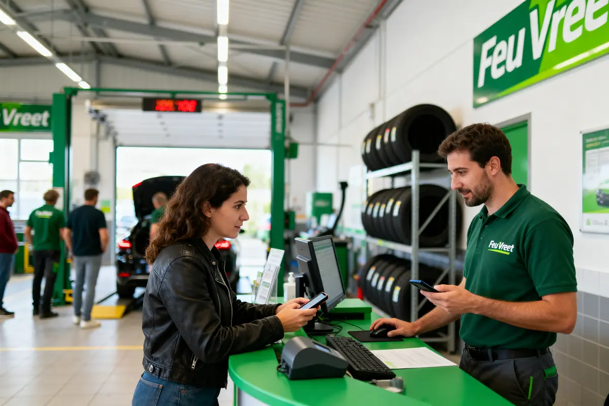 Deux personnes discutent au comptoir d'un centre automobile moderne, pneus en arrière-plan.
