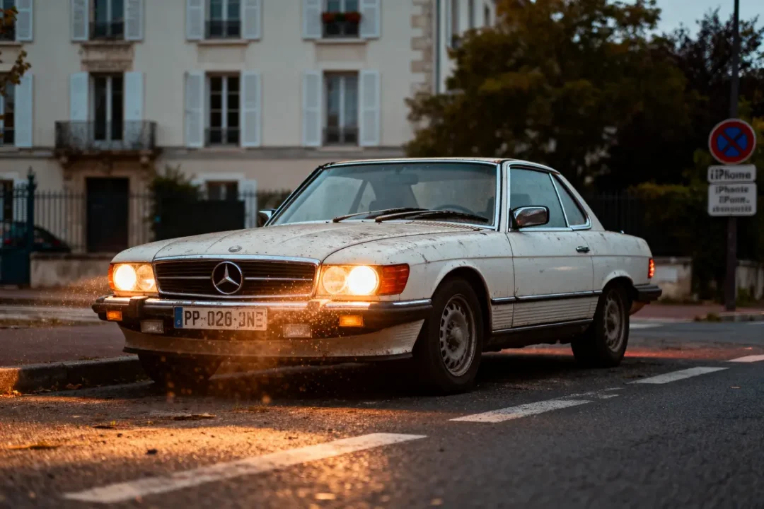 Voiture Mercedes ancienne blanche éclairée en stationnement urbain sous ciel nuageux.