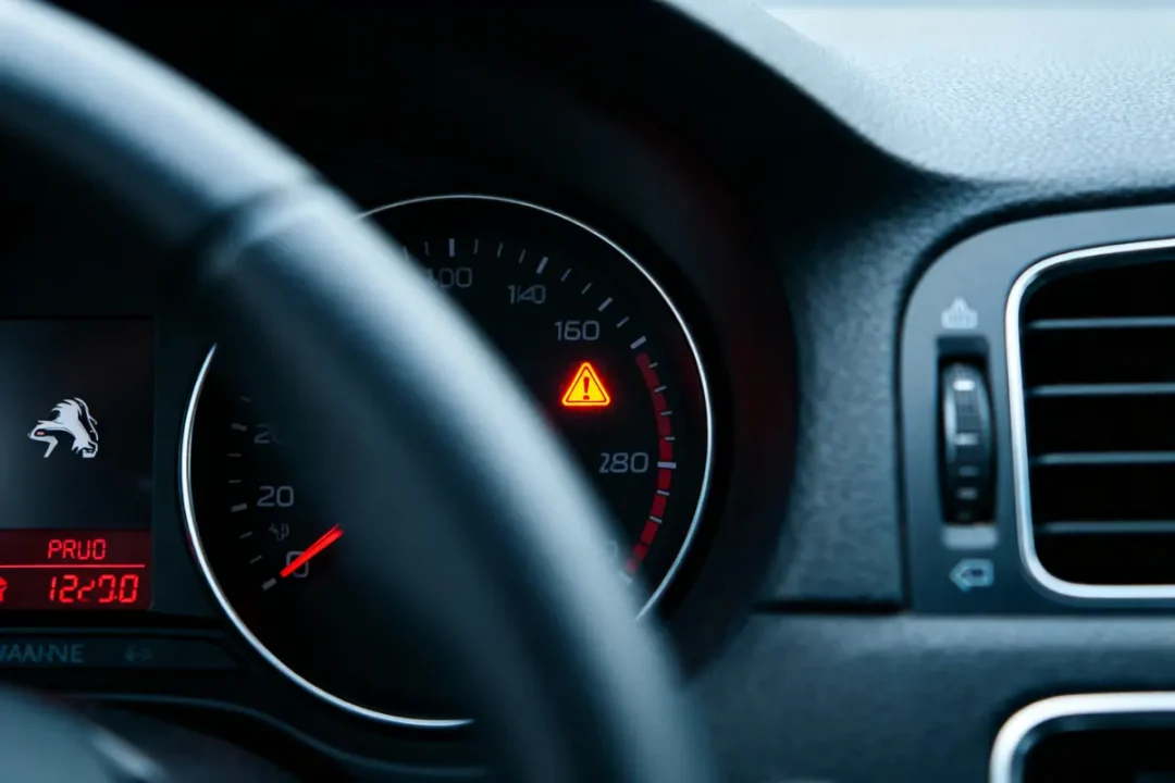 Tableau de bord de voiture avec alerte rouge et indicateur de vitesse visible.