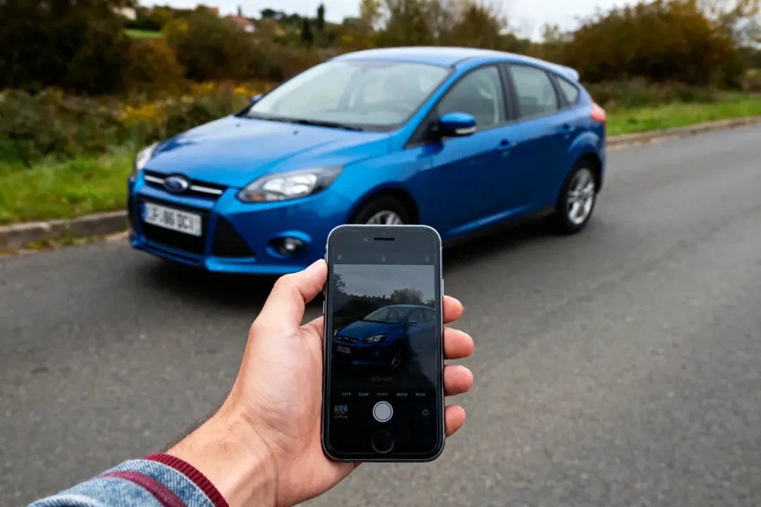 Smartphone prenant en photo une voiture bleue, stationnée sur une route entourée de verdure automnale.