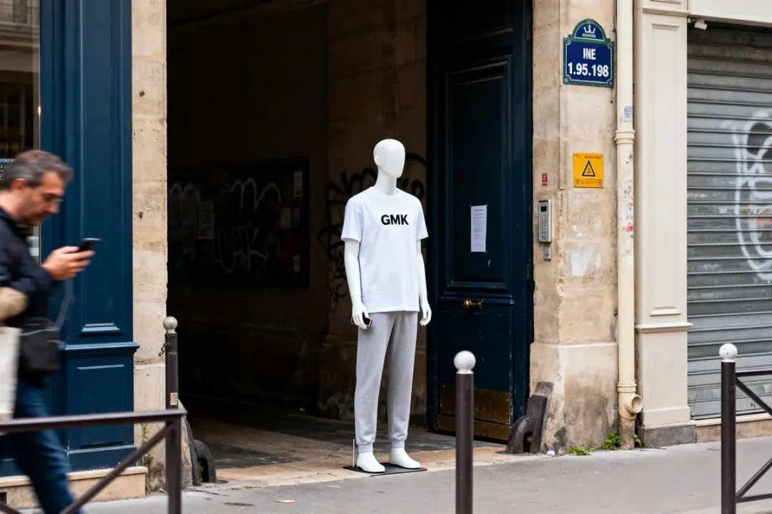 Mannequin portant un t-shirt "GMK" devant une porte bleue, avec graffiti en arrière-plan.