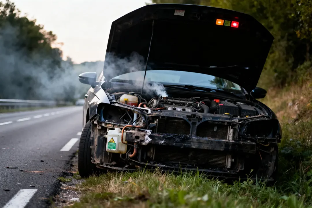 Voiture accidentée avec capot ouvert, fumée, sur le bord d'une route entourée de végétation.