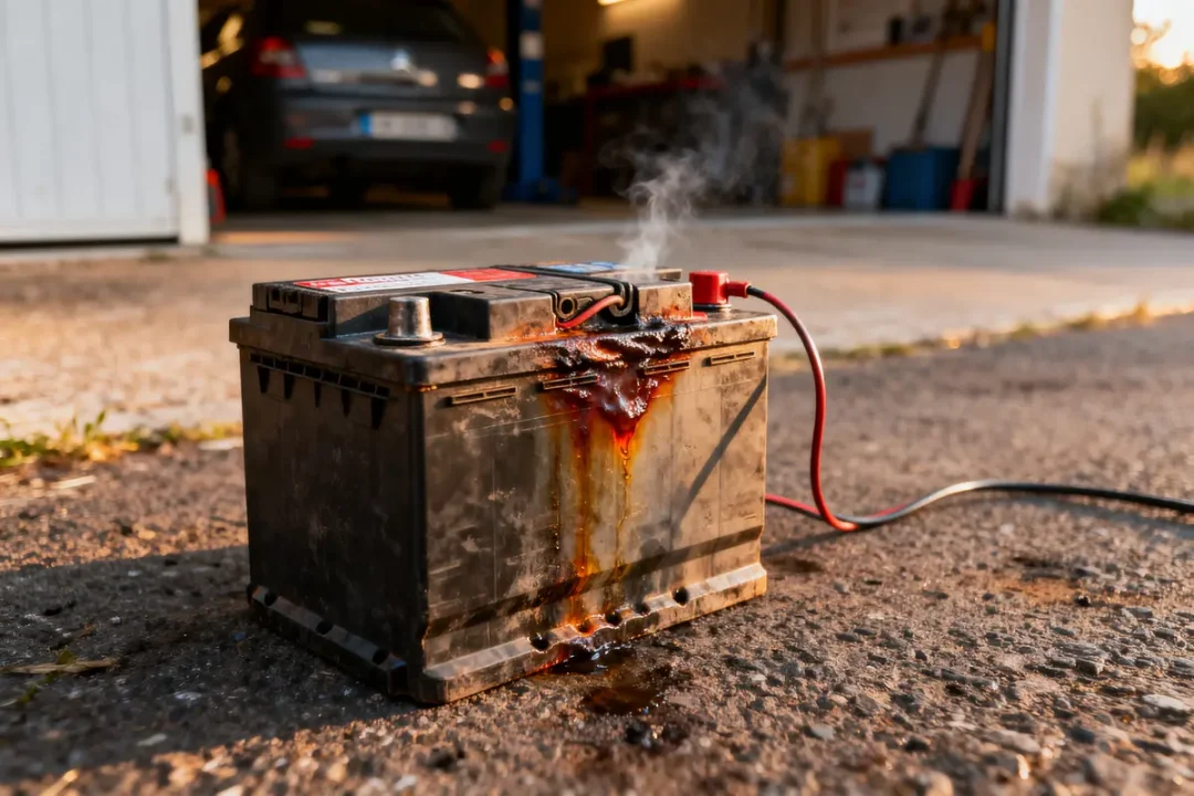 Batterie de voiture endommagée, fumant avec fuite de liquide sur sol d'un garage ouvert.