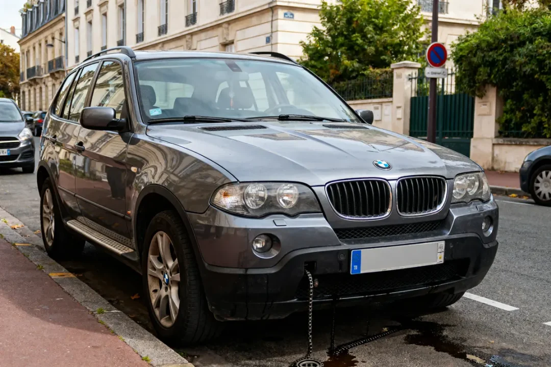 SUV BMW gris garé en ville, chaînes de protection sur le pare-chocs avant, bâtiments en arrière-plan.