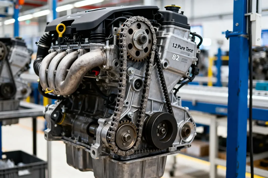 Moteur 1.2 PureTech en chaîne d'assemblage, pièce mécanique complexe, usine moderne en arrière-plan.