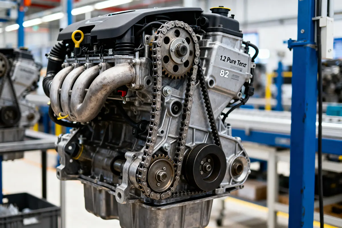 Moteur 1.2 PureTech en chaîne d'assemblage, pièce mécanique complexe, usine moderne en arrière-plan.
