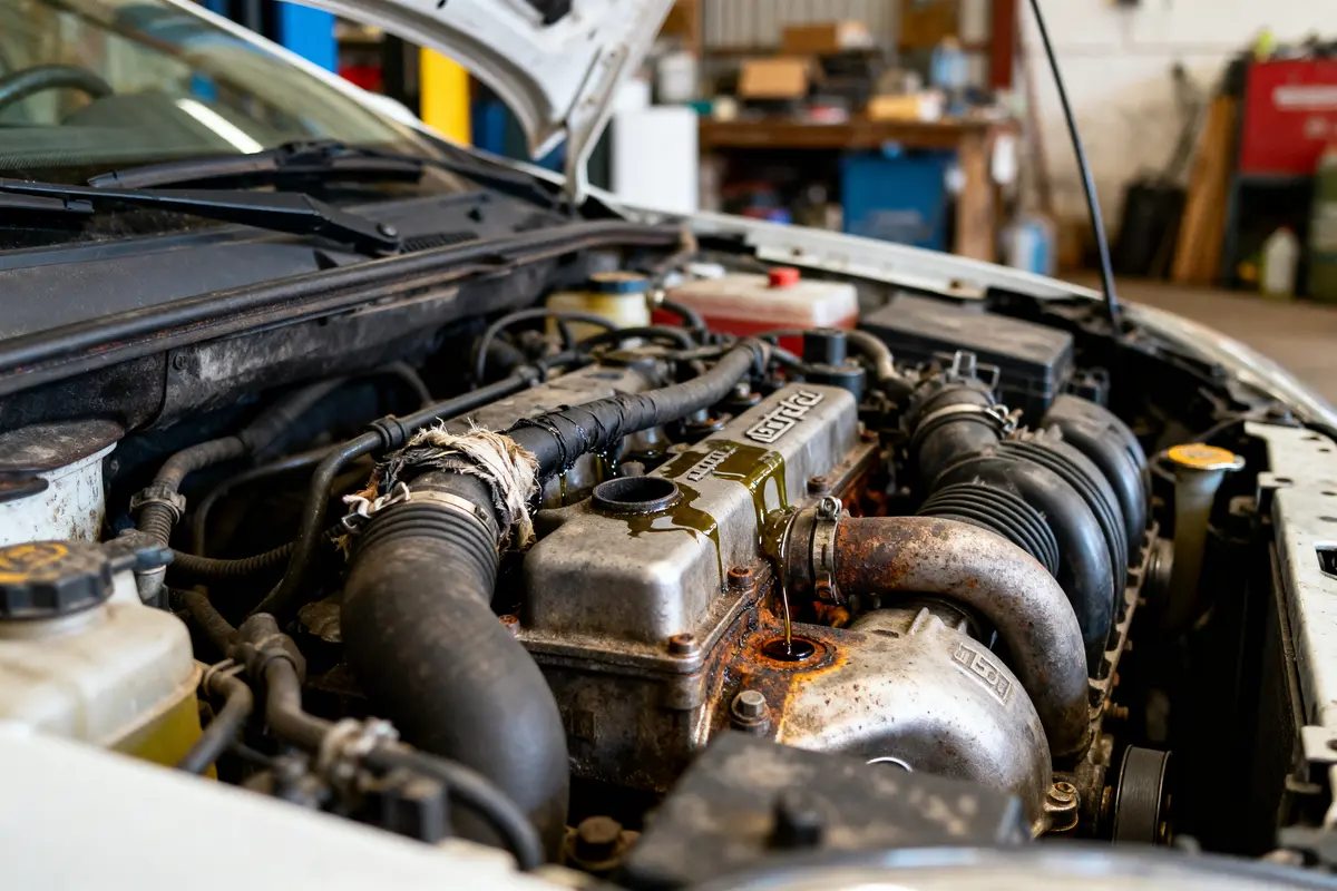 Moteur de voiture avec traces d'huile visible dans un atelier mécanique, capot ouvert.
