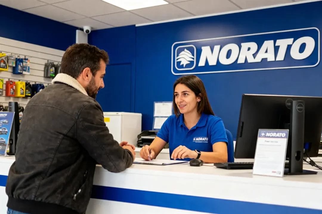 Un homme discute avec une employée au comptoir d'un magasin Norauto, devant un ordinateur.
