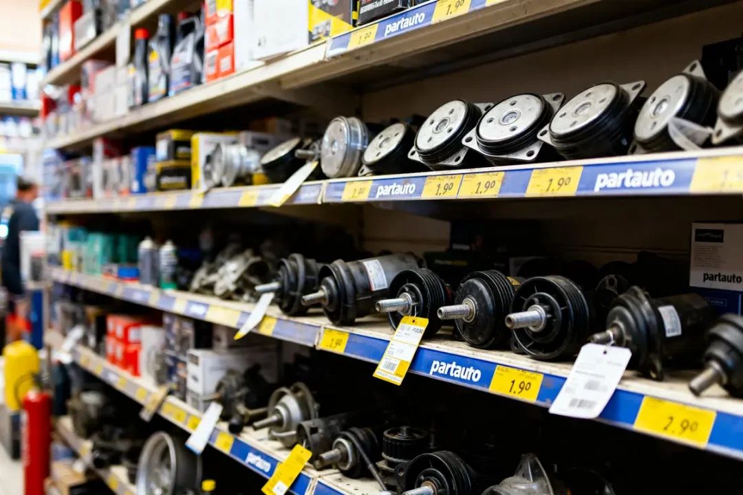 Rayons d'un magasin d'équipement automobile, étiquettes jaunes, produits mécaniques et accessoires divers.
