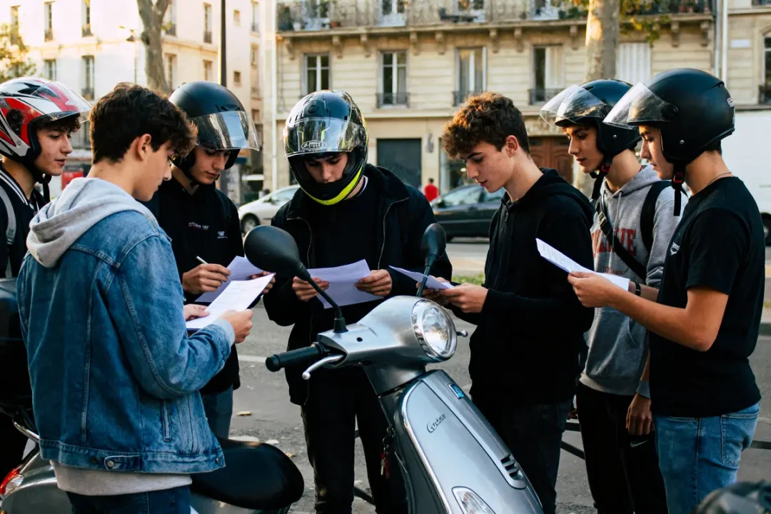 Des jeunes en casque lisent des documents près d'un scooter stationné en ville.