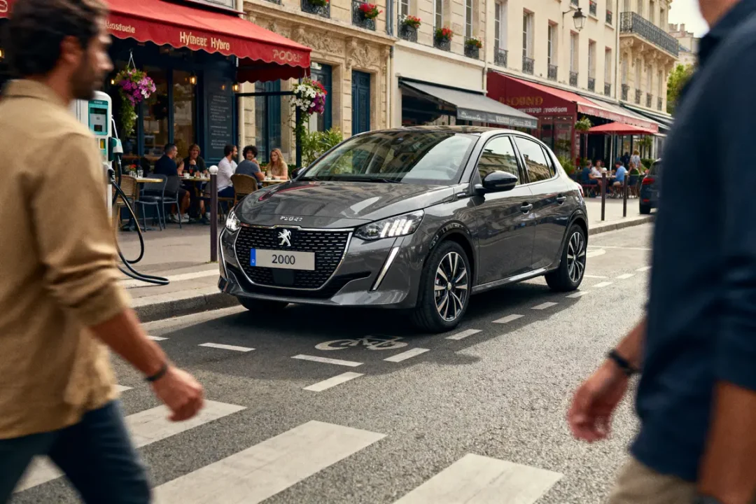 Voiture grise garée devant café, rue animée avec passants et terrasse occupée, station de recharge électrique visible.