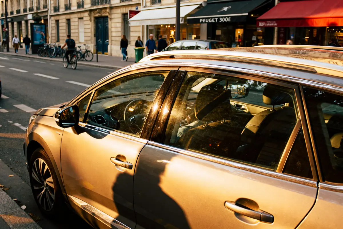 Vue latérale d'une voiture dorée en ville, ombres humaines visibles, devant une boutique Peugeot 3008.