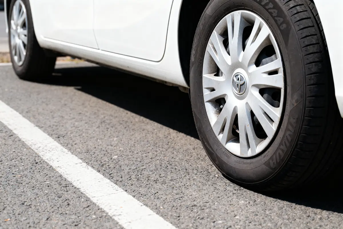 Pneu et jante de voiture blanche sur la route.