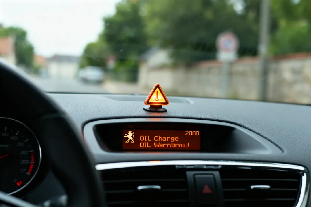 Un tableau de bord affiche un message d'alerte pour la charge d'huile sur écran orange.