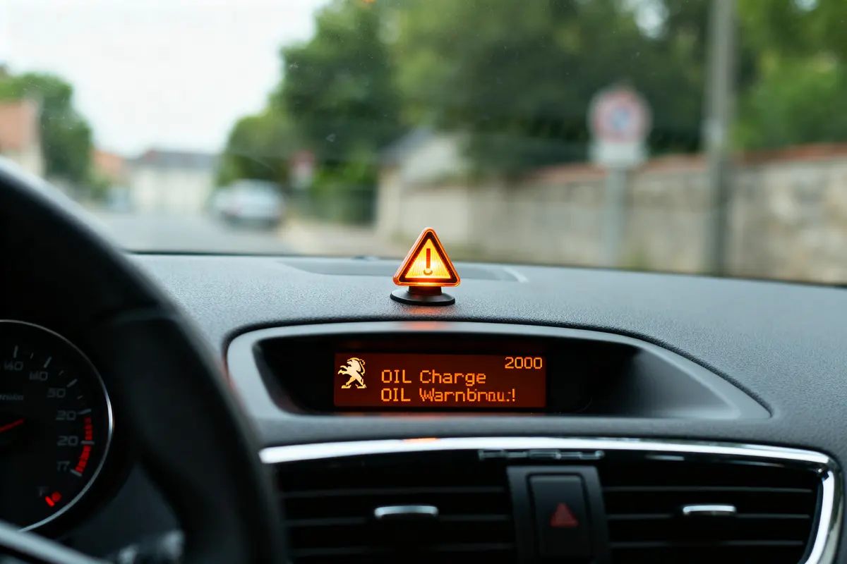 Un tableau de bord affiche un message d'alerte pour la charge d'huile sur écran orange.