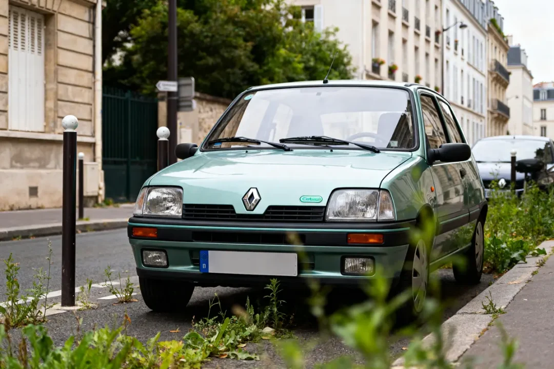 Une Renault 5 verte stationnée sur une rue avec des bâtiments en arrière-plan.