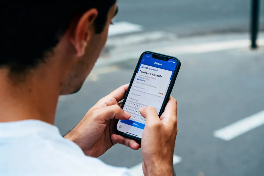 Homme utilisant un smartphone pour commander un taxi via une application dans la rue.