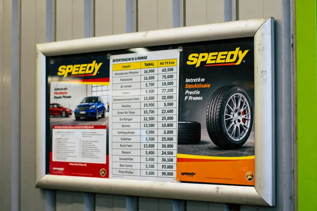 Affiche de services d'entretien automobile chez Speedy avec tarifs et image de pneu.
