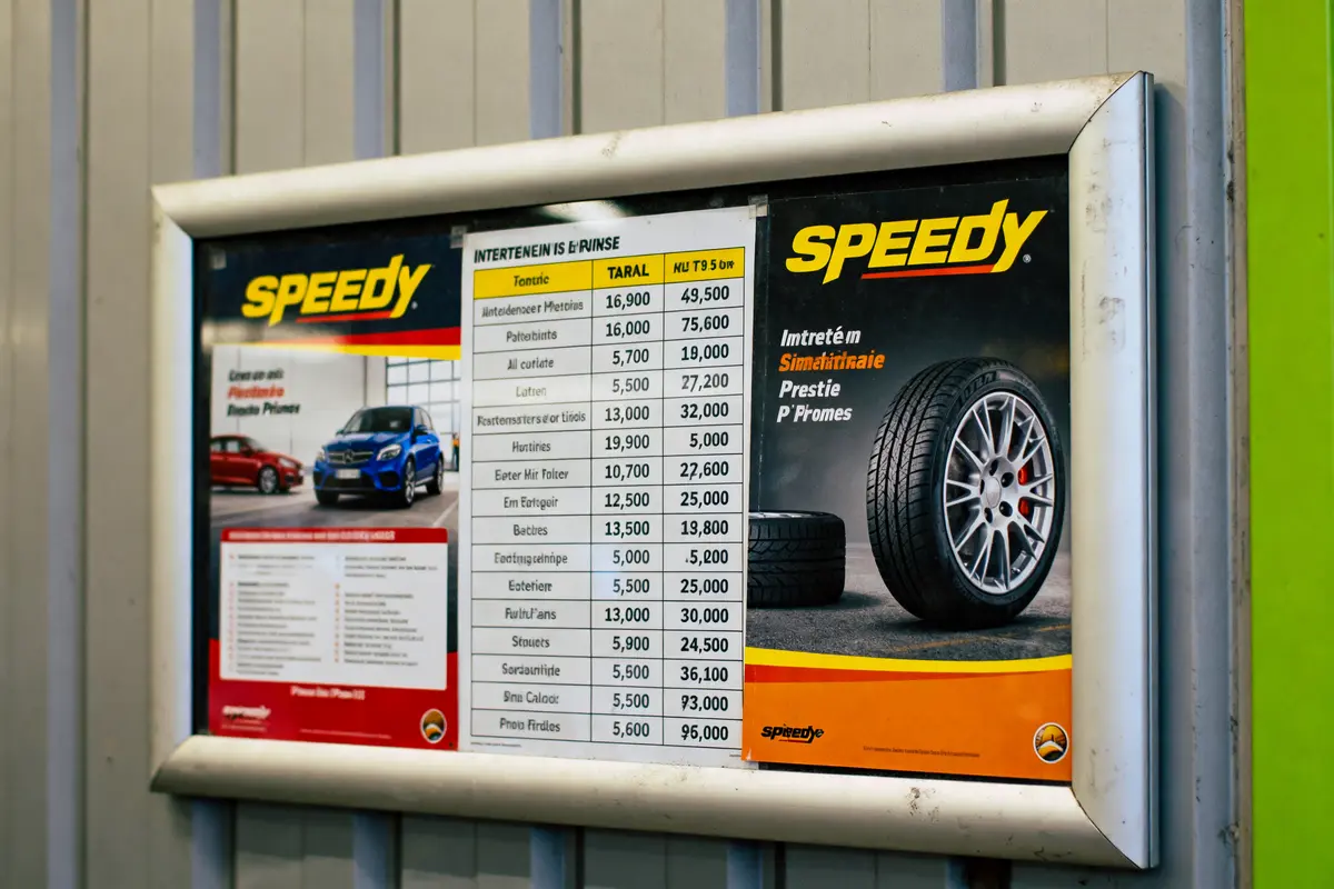 Affiche de services d'entretien automobile chez Speedy avec tarifs et image de pneu.
