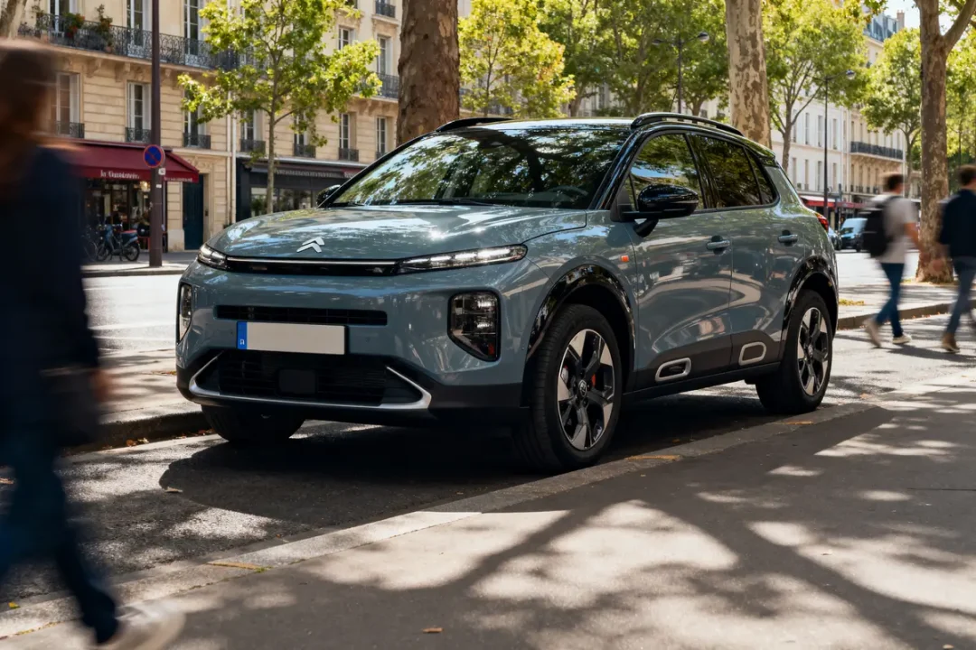 SUV Citroën gris stationné en ville, journée ensoleillée, arbres et passants flous en arrière-plan urbain.