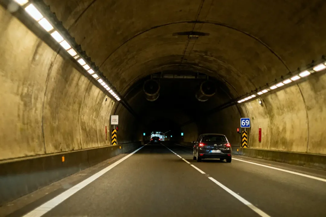 Voiture roulant dans un tunnel sombre éclairé par des lampes, avec signalisation sur le mur.